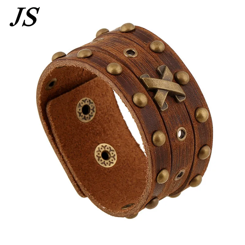 JS New Trendy Brand Men Wide Brown Genuine Leather Wristband Vintage