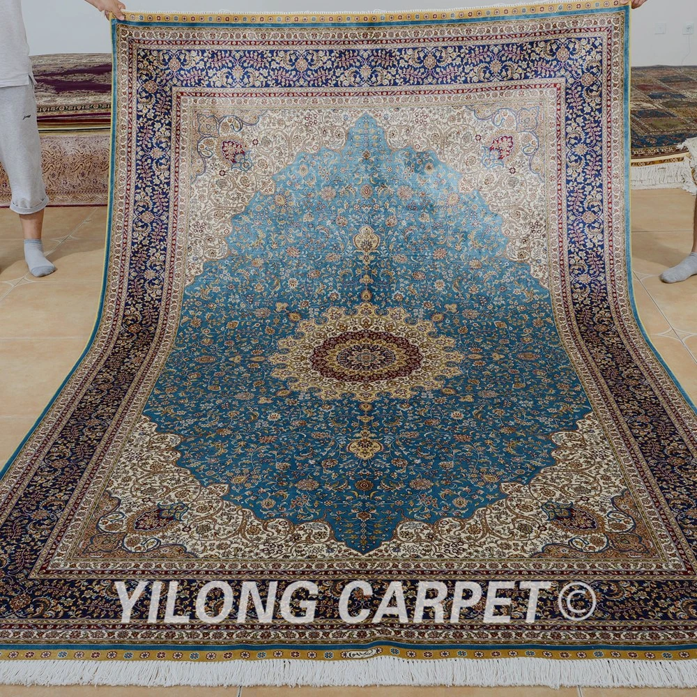 Yilong 6'x9' Hand knotted blue Persian silk carpet kashan silk rug
