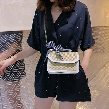 

2019 Women Chain Fashion Elegant Straw Beach Bag Stitching Small Square Bag Shoulder Messenger Bag Bolsa Feminina Pequena 50