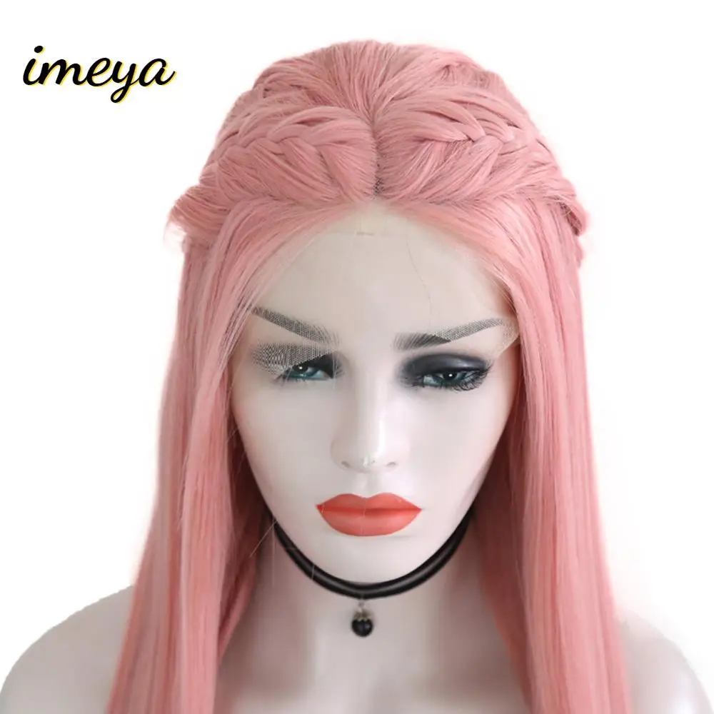 

Imeya Long Straight With Handmade Braids Synthetic Lace Front Wig 26Inch Pink Color Heat Resistant Fiber Wigs For Women