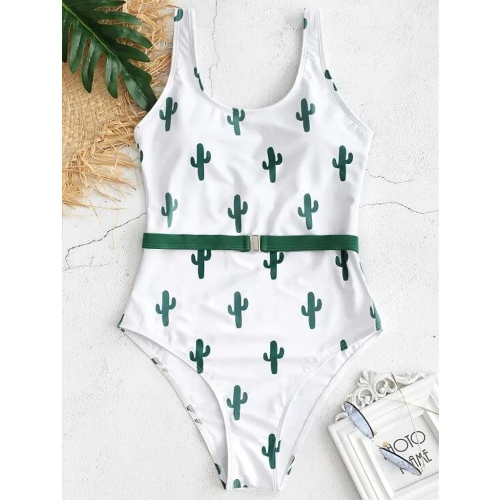 

Womens Sexy One Piece Bikini Deep Scoop Neck Low Cut Back Monokini Cartoon West Cactus Printed Buckled Swimsuit