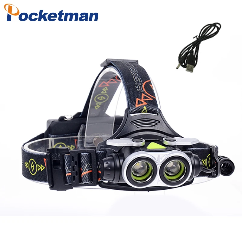

LED Headlamp Headlight 2 T6 7000LM Head Lamp Fishing Hiking Light Lanterna with SOS Whistle USB charger 2*18650 battery