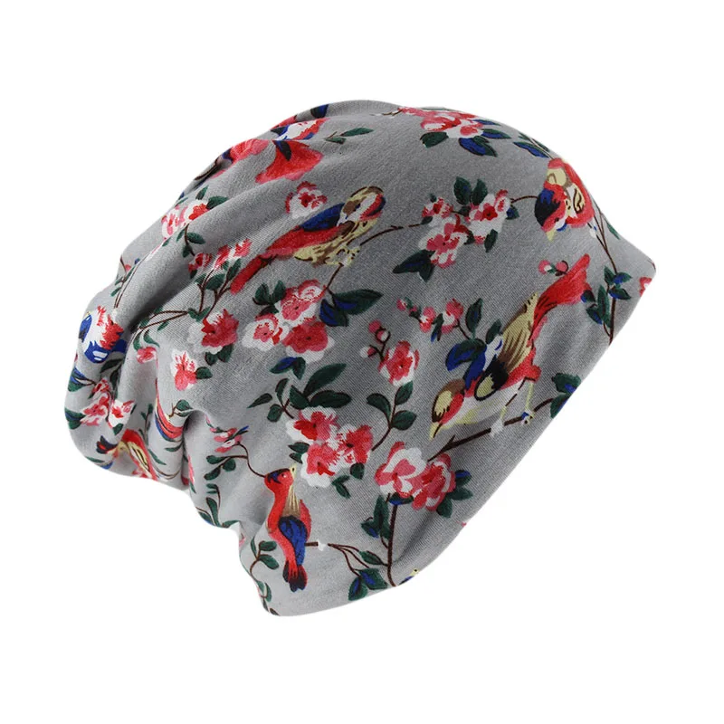 Miaoxi шапочки для женщин два использованных шарфа Удобные Модные женские Skullies хлопок шляпа девушки цветочные Осенние Теплые шапки капот - Цвет: Серый