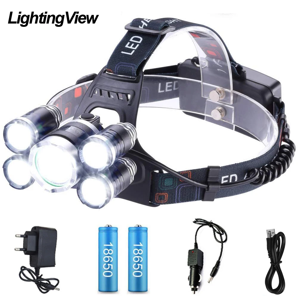 Lightingview супер яркий 5 светодиодный T6 налобный фонарь 15000лм 4 режима для на природе Рыбалка походы Фара использовать 18650 батарея