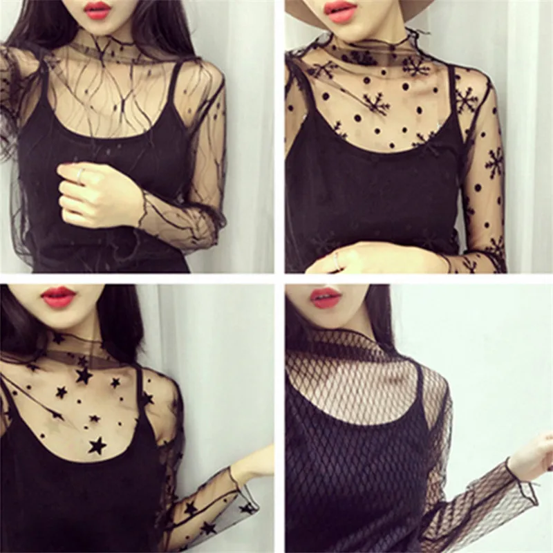 

16 Styles Sexy Mesh Tops Long Sleeve T Shirt Women Spring Transparent Club Party Mesh Tee Shirts Sexy Thin Short Tops Camisas