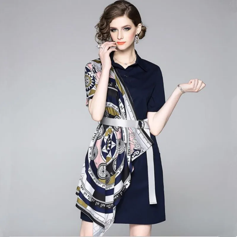 

ZXRYXGS Women's Summer Irregular Shirt Dress 2019 New Print Short Sleeve Lapel Color Matching Temperament Dress Casual Vestidos