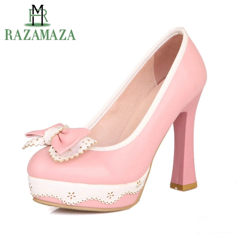

RAZAMAZA Size 32-43 Princess Bowtie Shoes Woman Sexy High Heels Slip On Round Toe Platform Pumps Party Wedding Footwear