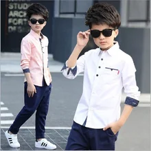 Новинка года, повседневные рубашки с отложным воротником на рост от 110 до 160 см синие, розовые, белые блузки для мальчиков на весну и осень