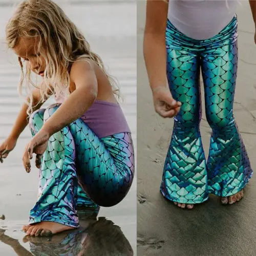 2019 Kid Girls Shiny Mermaid Pants Flare Bottom Leggings Metallic Fish Scale Fancy Clothing Party New | Детская одежда и обувь