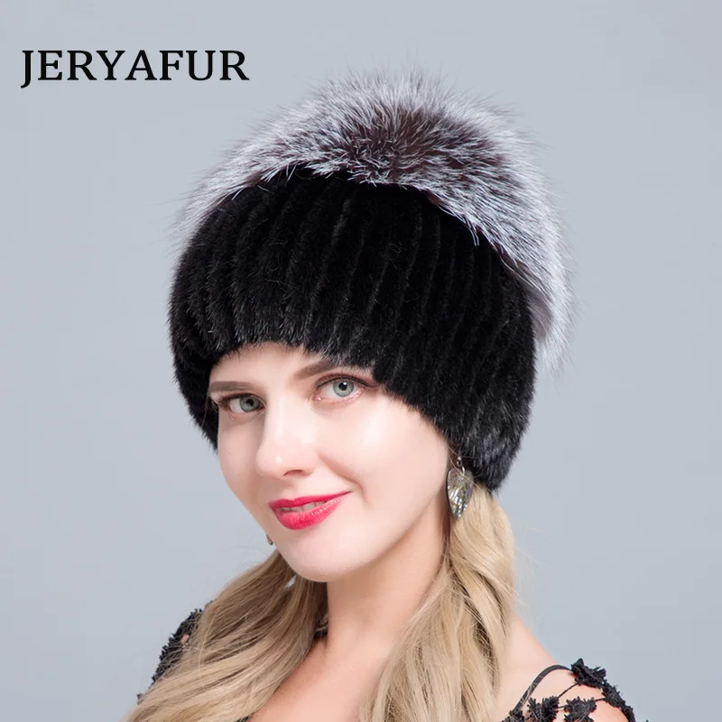 JERYAFUR/модные шапки-бини из натуральной норки лисы для женщин Женские натуральные