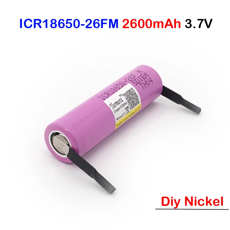 

battery 18650 26fm for flashlight icr18650-26fm 2600mAh 3.6v charge 18650 rechargeable battery with diy nickel