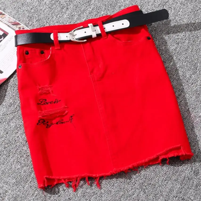 womens red denim skirt