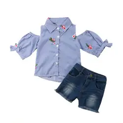 Chirldren Для девочек комплект одежды с открытыми плечами с цветочным принтом рубашка в полоску + джинсовые короткие наряд Комплект одежды От 1
