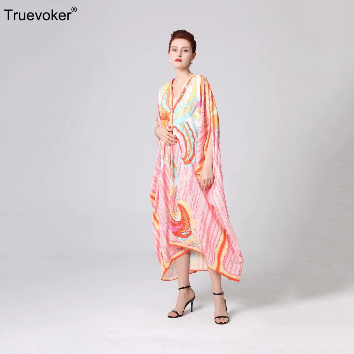 

Truevoker Summer Designer Vestidoes Women's Batwing Sleeve Abstact Printed Single Breasted Vocation Loose Long Dresses
