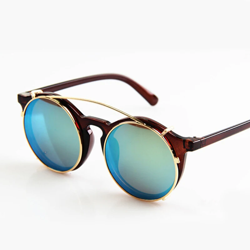 

Fashion Round Sunglasses Women Vintage Reflective Coating Removable Sun Glasses Men Double Dual Plug-lens Glasses de sol