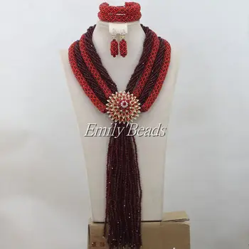 

Nigerian Wedding&Anniversary Party Beads Jewelry Set Burgundy Wine Bridal Long Necklace Jewelry Sets Free Shipping AIJ272