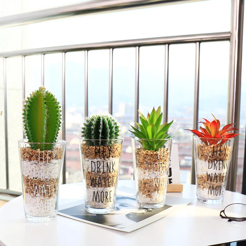 

Nordic style Cactus Bonsai Glass Vase With PVC Green Plant Desktop Flowerpot Home Wedding Decoration Accessories For Livngroom