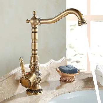 

Antique Brushed Kitchen Faucet European Carved Basin Rotating Single Handle Hole Heightening Section Bathroom Accessories Sets