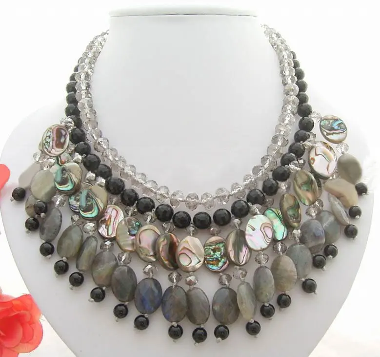 2Strds Crystal& Labradorite& Onyx& Paua Abalone Shell Neck