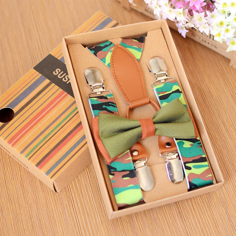 Boys Adjustable Elastic 3 Clips Y-Shape Solid Braces Bow Tie Set for Wedding