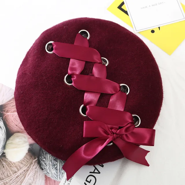 VISROVER New Sweet Cute Berets Women Winter Hats Soft Macaron color Ribbon Woolen Lolita Beret classical Soft Straps Cross Bow wine red