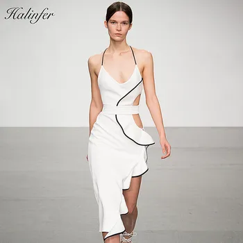 

Halinfer 2018 New summer women dress sexy bodycon v neck ruffles bandage dress elegant celebrity party white dresses vestidos