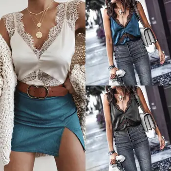 

Sexy Women Lace Strap Satin Patchwork V Neck Sleeveless Tank Tops T-shirt Plus Size