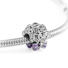 Подходит для Pandora Charms браслеты празднование букет бусины с фиолетовой эмалью 925 пробы-серебро-ювелирные изделия