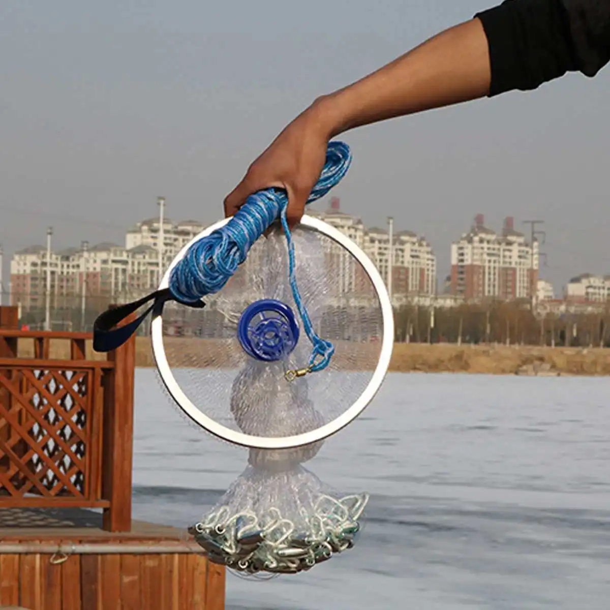 

Bobing 480Cm Diameter High Strength Small Mesh American Hand Cast Net with Sinkers Casting Fishing Network Fishing Tool