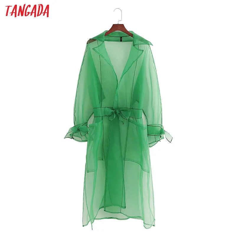

Tangada fashion women transparent green long trench coat elegant bow belt cardigan ladies holiday beach style long tops 1D312