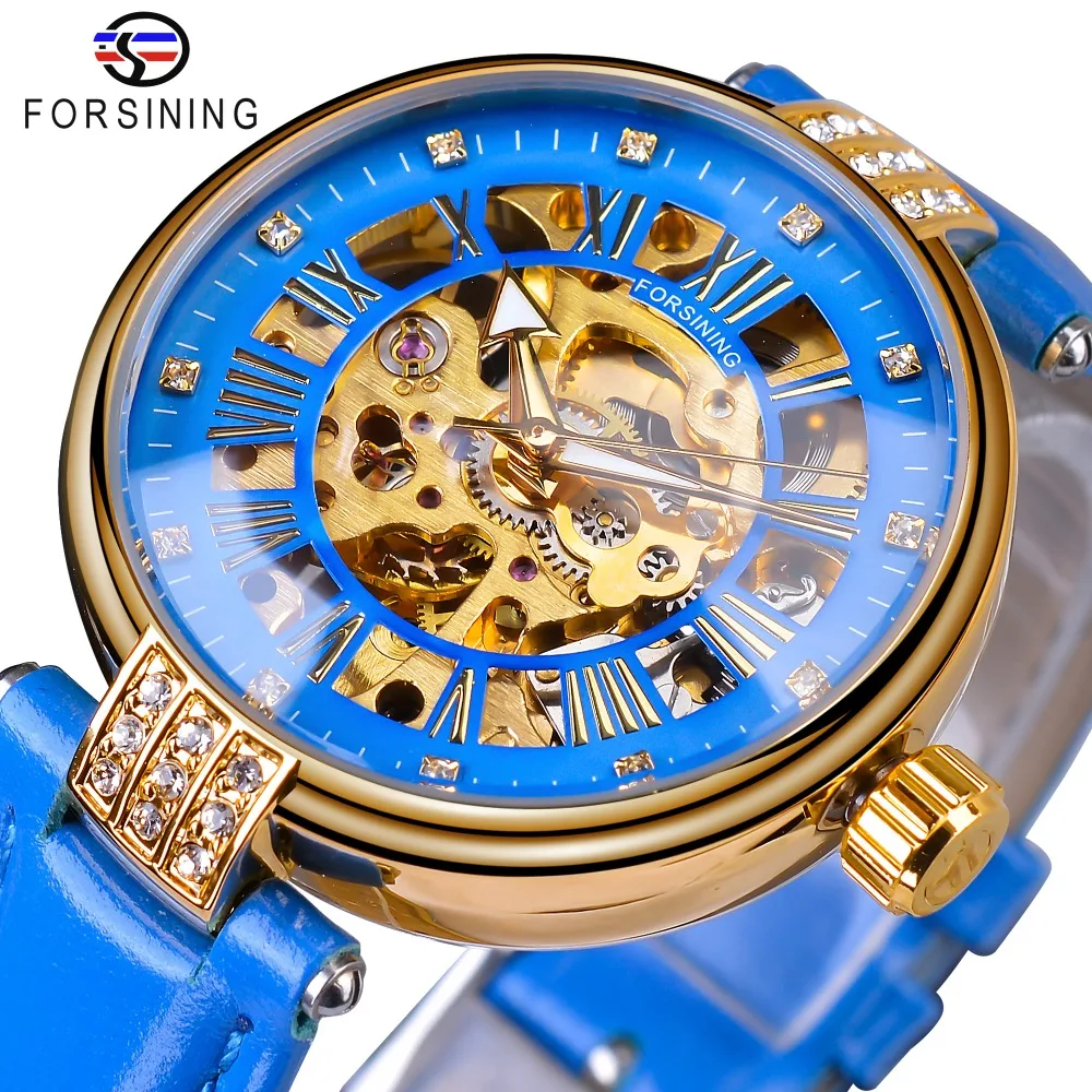

Forsining Lady Mechanical Automatic Wrist Watch Top Brand Luxury Fashion Golden Case Skeleton Clock Women Blue Genuine Leather