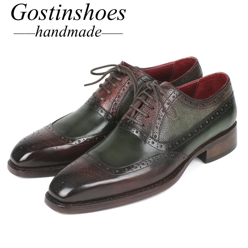 

GOSTINSHOES HANDMADE Goodyear Welted Green Brogues Pointed Toe Lace-up Cow Leather Men Dress Shoes Formal Shoes SCZ029