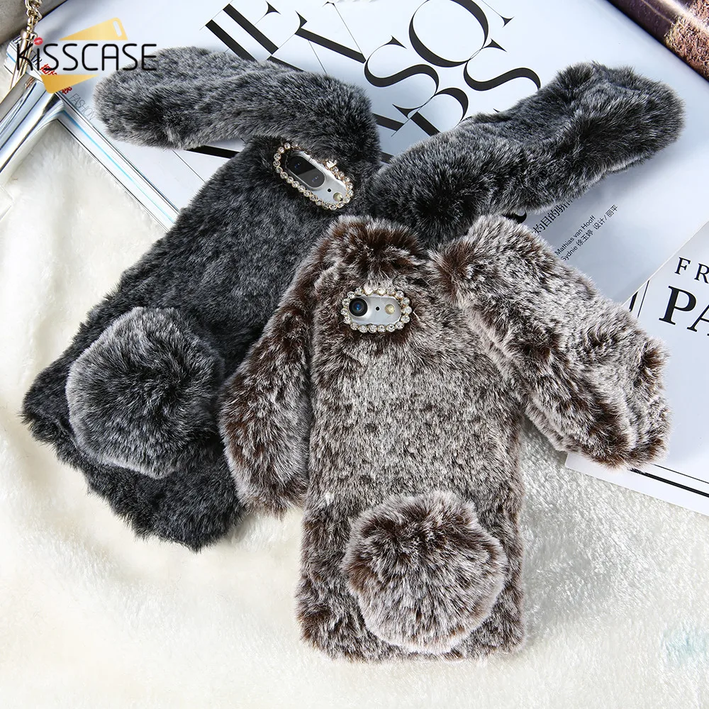 

KISSCASE 3D Rabbit Ears Furry Phone Case For iPhone X XS Max Xr 7 8 Plus Cute Diamond Case For iPhone 6 6s Plus 5 5s SE Capa