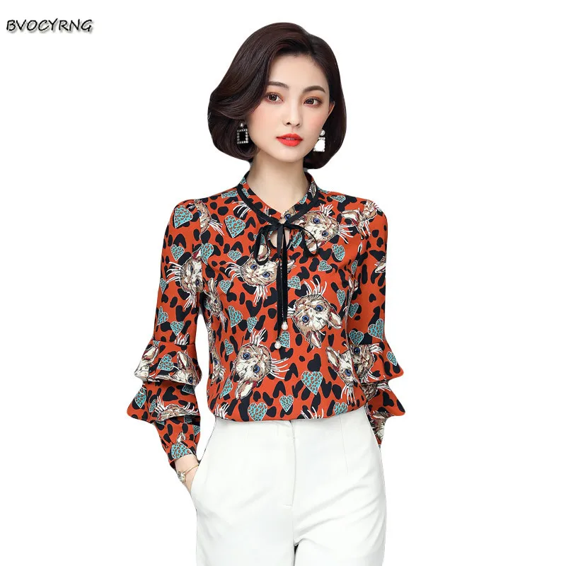 Big Size Long Sleeve Blouse Shirt Women Printed Chiffon