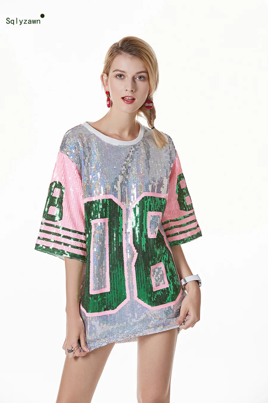 

Sequin Jacket Women Sequin Coat Pink Shining Jacket Garment Eyelets Female Cool Loose Jacket and Camiseta O-Neck Zipper Outwear