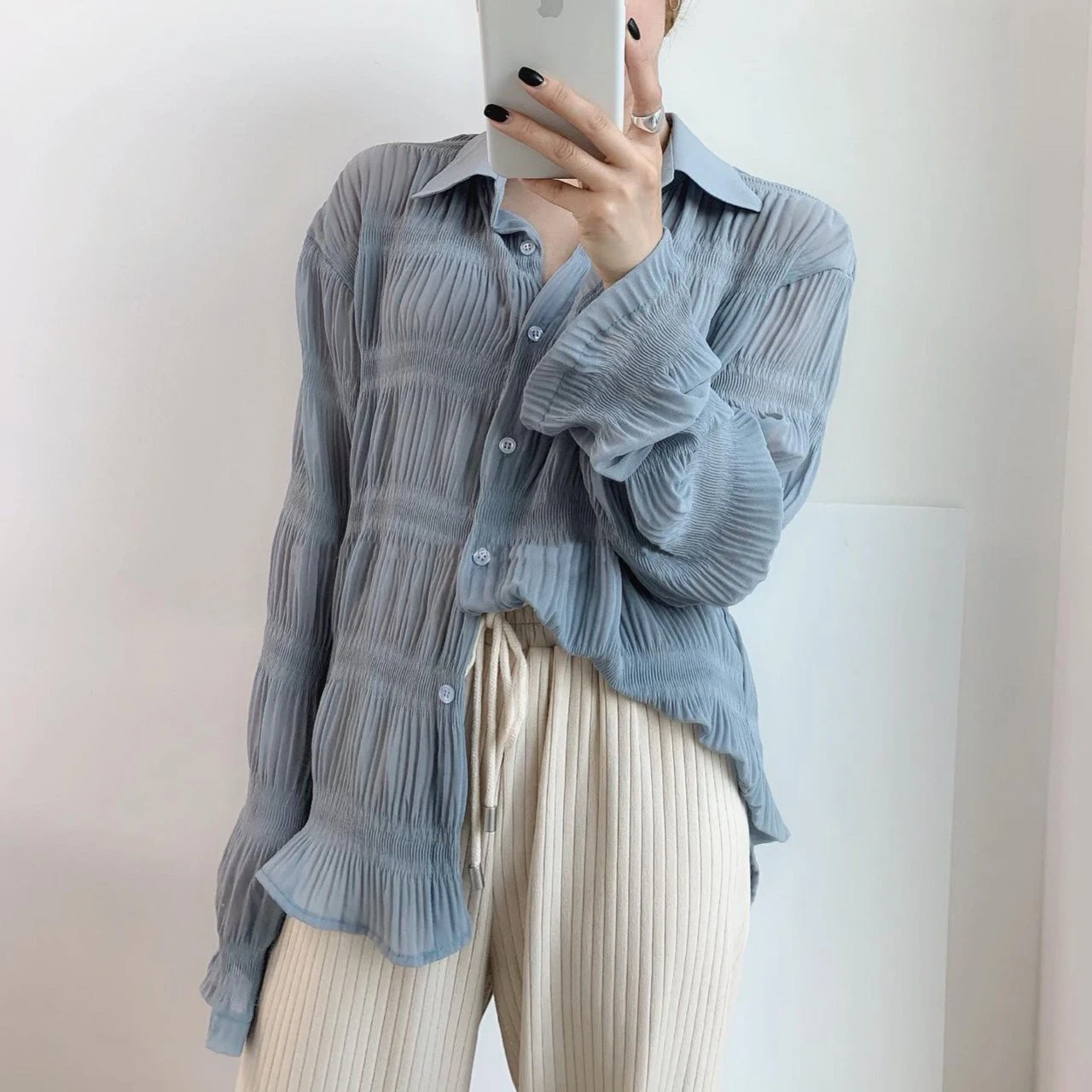 

Womens Tops and Blouses Long Sleeve Autumn 2019 Draped Loose Single Breasted Turn Down Collar Korean Style Casual Jurken