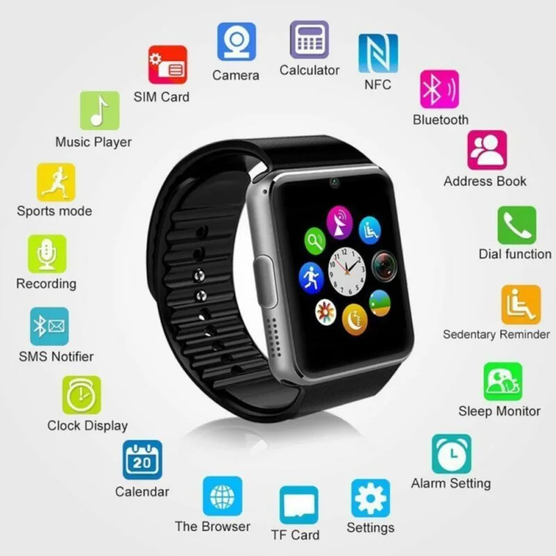 

GT08 Bluetooth Smart Watch Touch Screen Big Battery Support TF Sim Card Camera For iPhone Android Smartwatch PK DZ09 Watch
