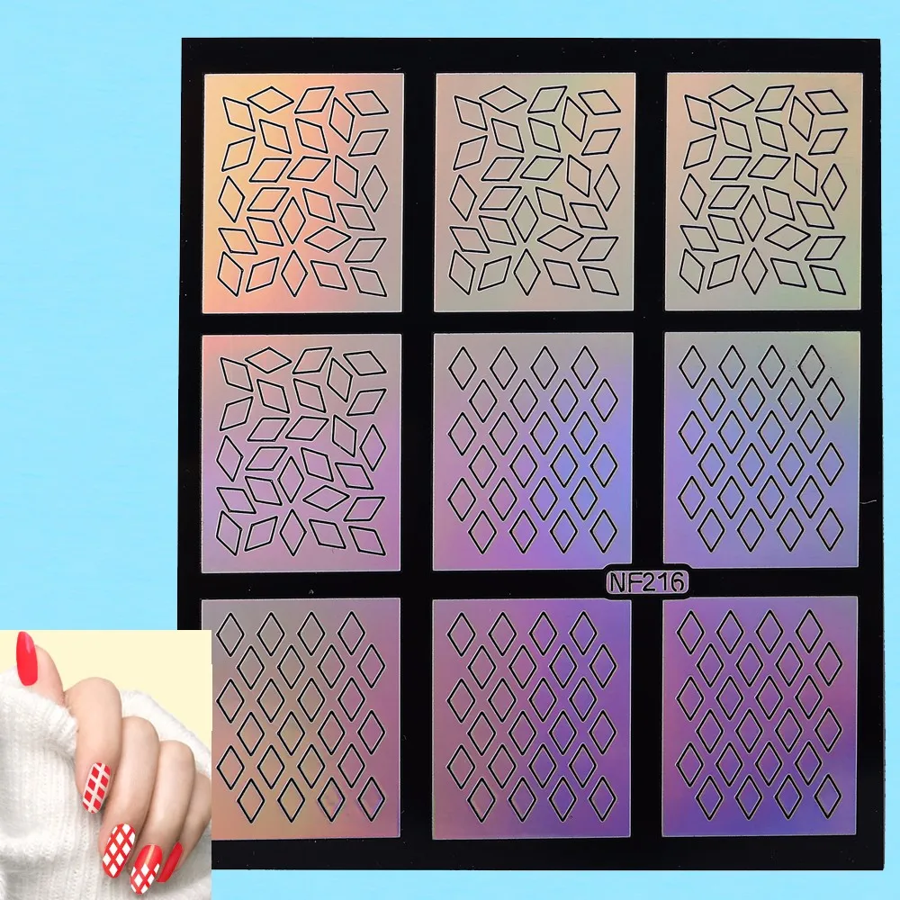 DIY Hollow 1pc Nail Art Nail Sticker Vinyls Laser Decal Rhombus Pattern Airbrush NF216 Nail Sticker Paint Glitter Guide Stencil (4)