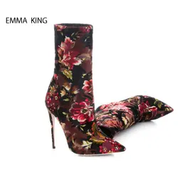 Zapatos De Mujer/женские эластичные ботильоны, украшенные цветами, модная женская обувь с острым носком на высоком тонком каблуке, сезон