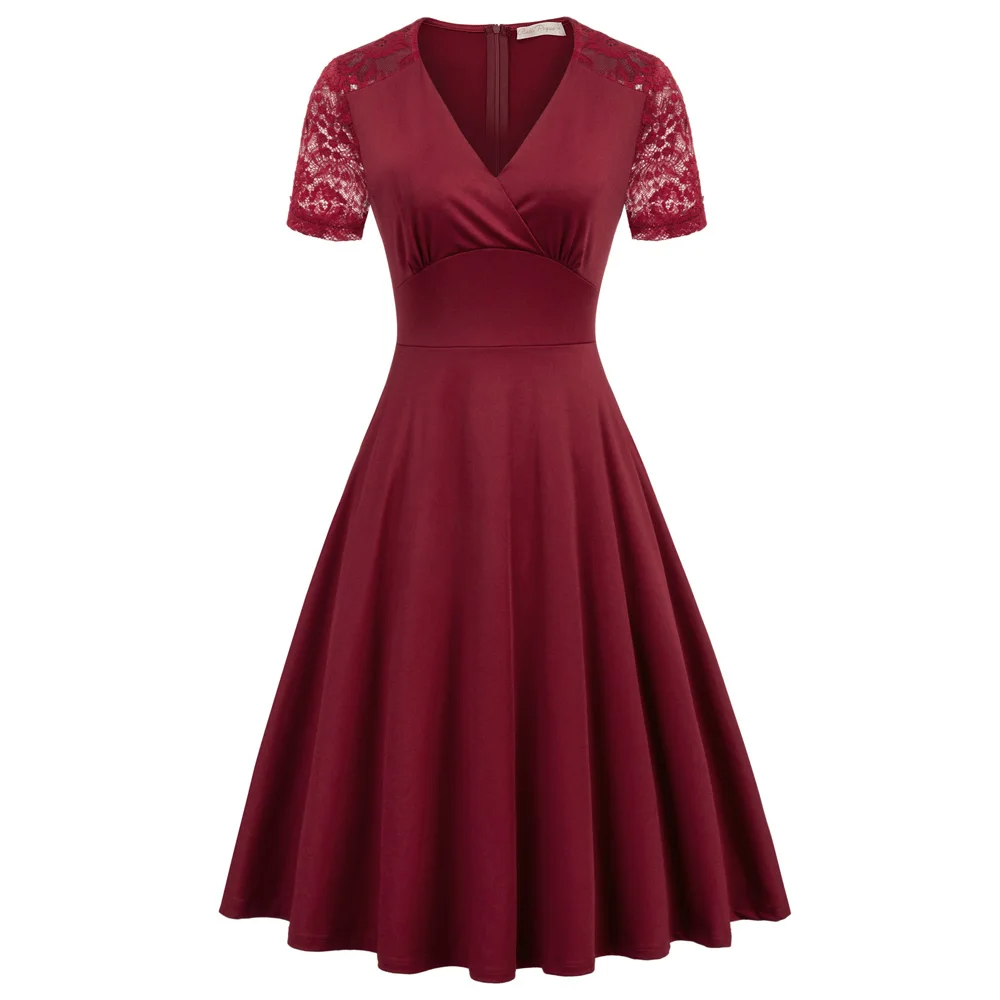 

BP Women's party dress elegant Short Sleeve Surplice V-Neck Lace Patchwork Flared A-Line Dress knee length evening retro dresses