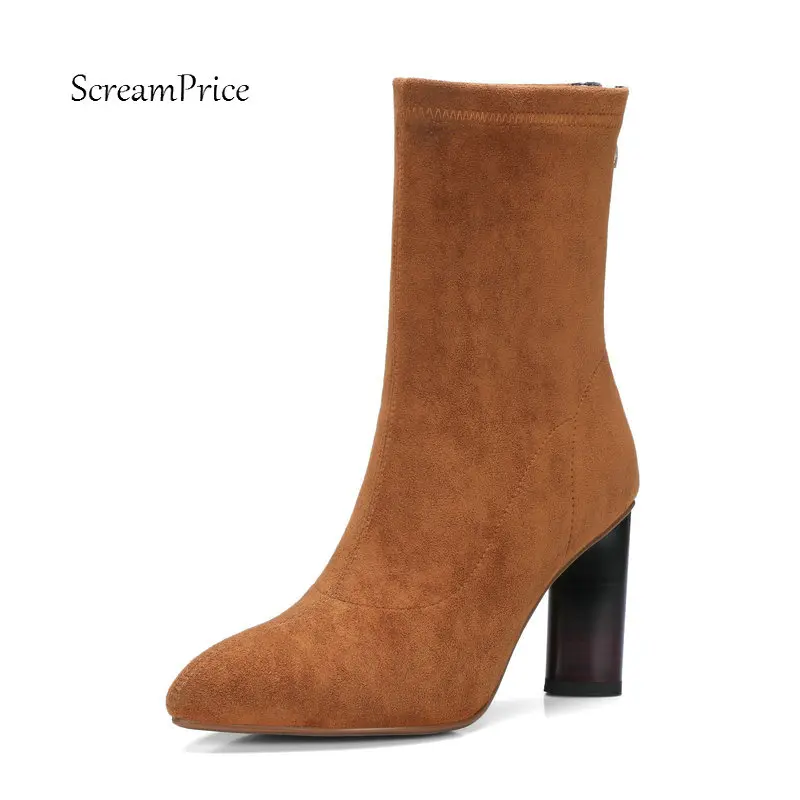 

Women Suede Square Heel Ankle Boots Fashion Zipper Pointed Toe Winter Bootie Black Pink Brown
