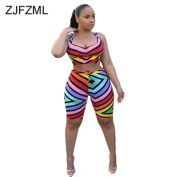 

Rainbow Striped Sexy Two Piece Outfit Women Clothes Sleeveless Tank Crop Top And Bodycon Shorts Sweat Suits Summer Matching Set