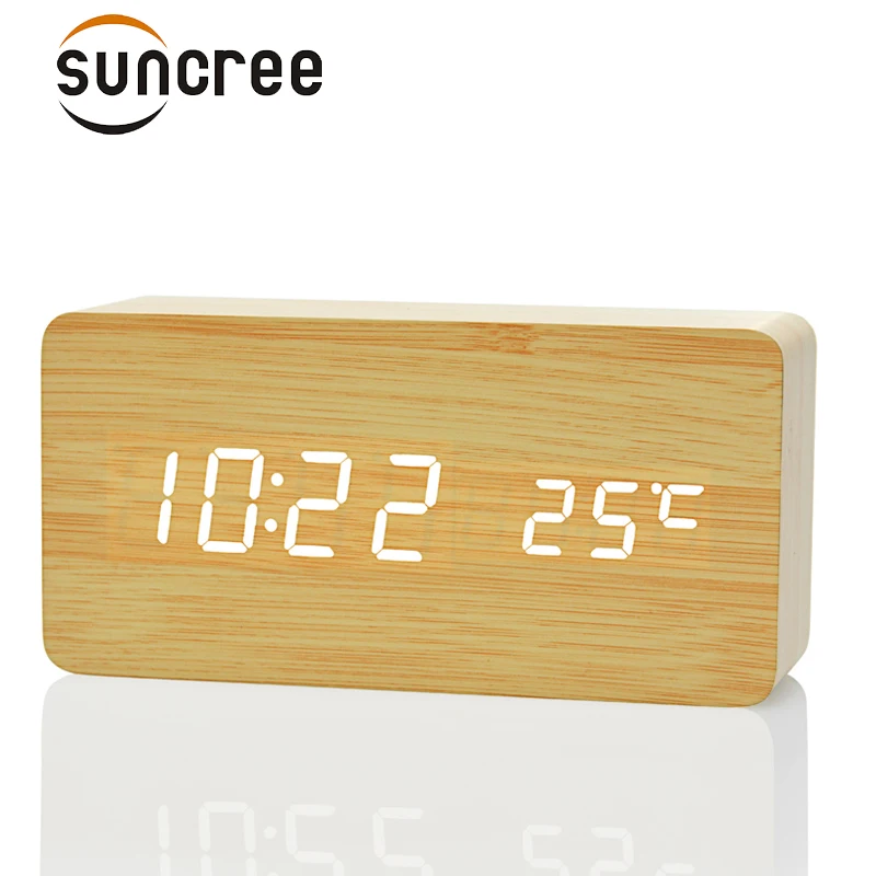 Suncree Деревянный цифровой светодиодный Будильник reloj despertador контроль звука температура электронный стол настольные часы