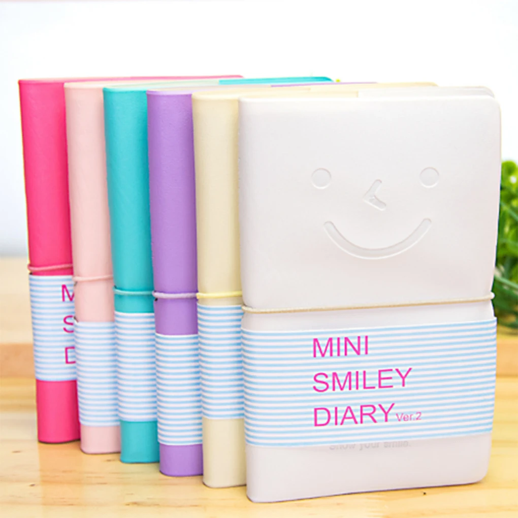 

Adorable Smiling Face Leather Cover Elastic Ropes Colorful Inside Page Mini Diary Notebooks Color Random