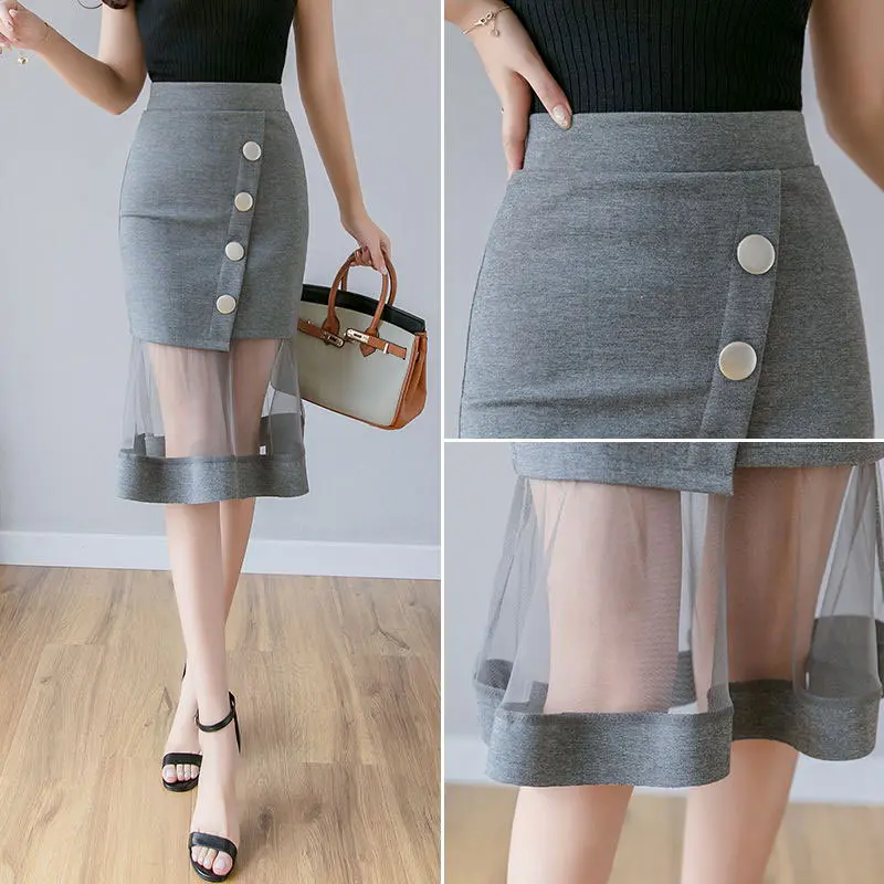 S-5XL New Women Skirt High waist Mesh patchwork Mermaid Skirt Slim Sexy Pencil Skirt Elegant button Office Ladies Skirts