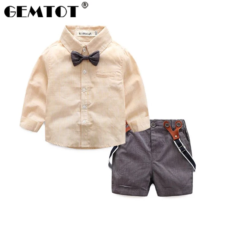 

GEMTOT baby suit 2019 summer ins new European and American boys gentleman suit bow tie solid color shirt strap pants two sets