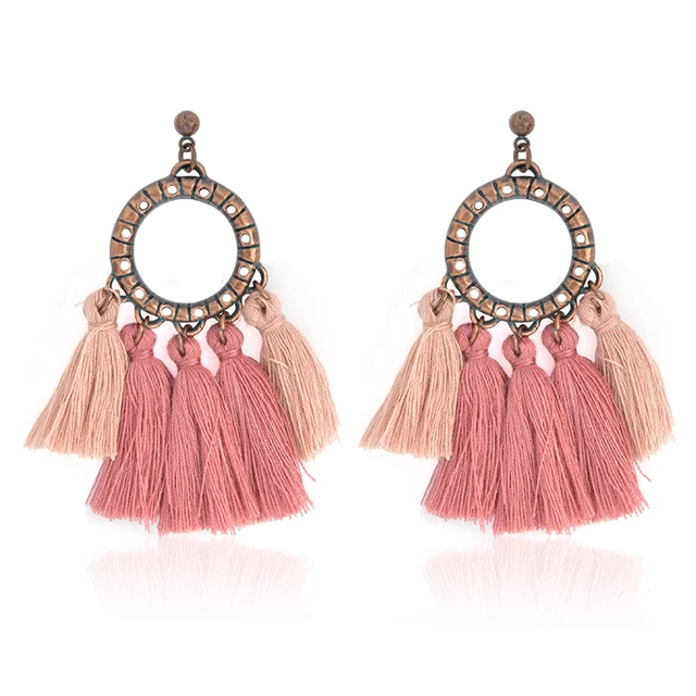 Fashion Round Drop Earrings Pink Brown Rose Red Woolen Tel Fashion Round Drop Earrings Pink Brown Rose Red Woolen Tel Earring Vintage Ethnic Charm For