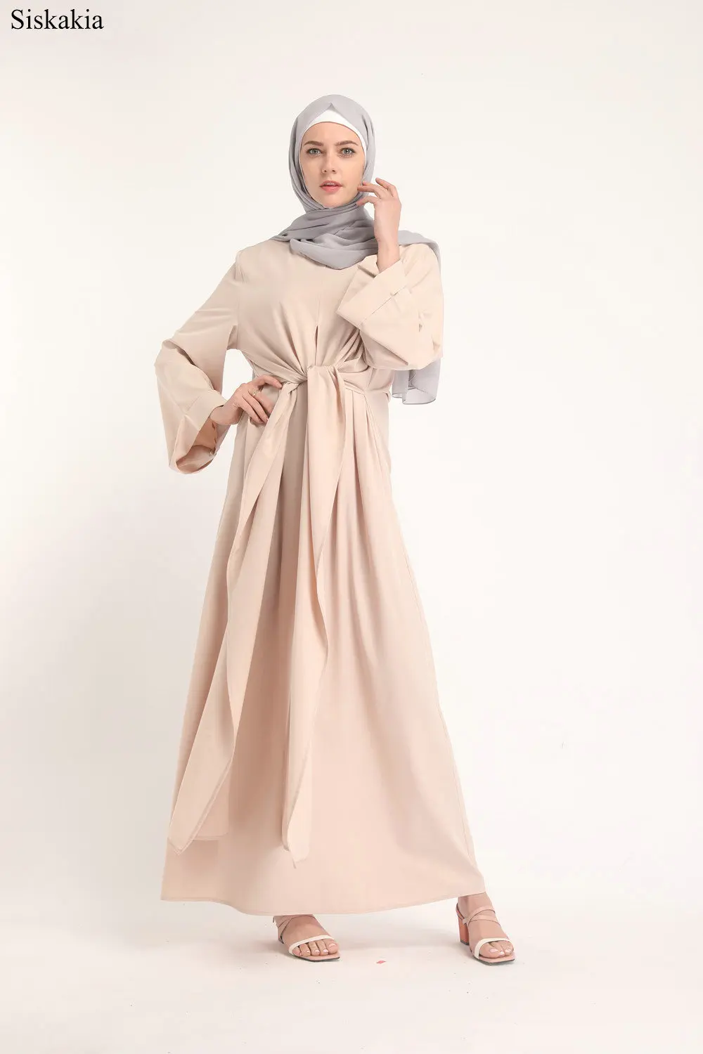 Siskakia Solid Muslim O-Neck Long Sleeve Bandage Robes Abaya Women Turkish Dubai High Waist Loose Female Abaya Casual Elegant  (4)