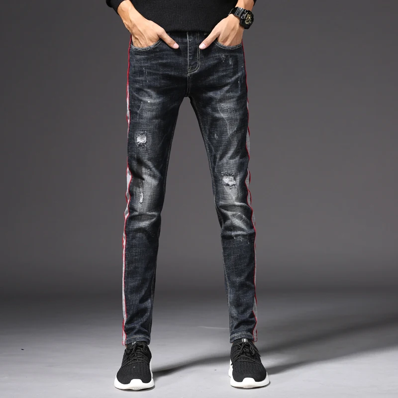 Men's Slim Ripped Jeans Stretch Fashion Unique Designer Stripe Denim