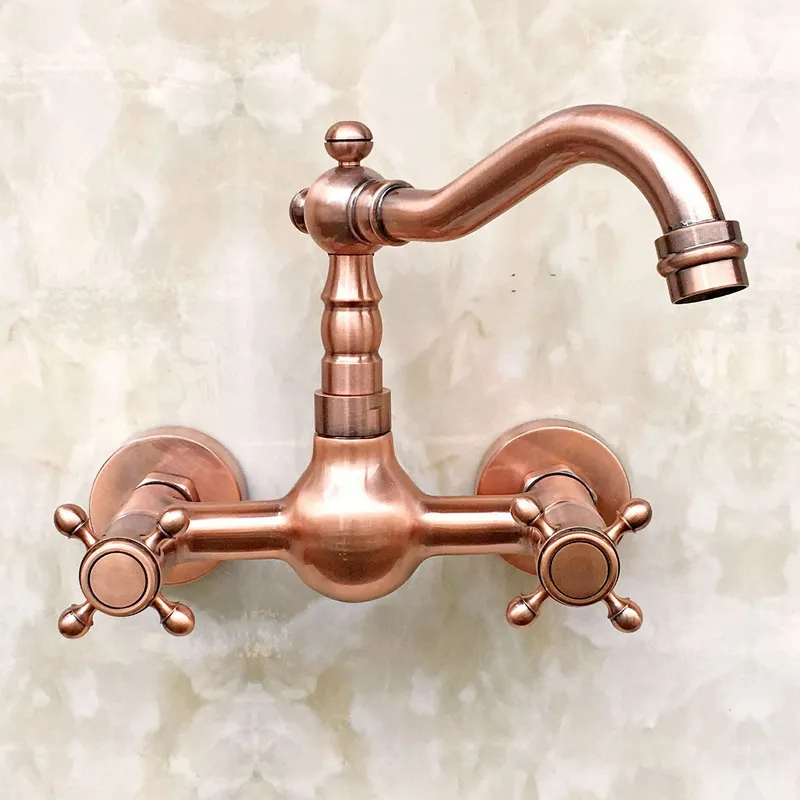  Antique Red Copper Brass Wall Mounted Dual Cross Handles Kitchen Sink Faucet Bathroom Basin Mixer W - 33020658278
